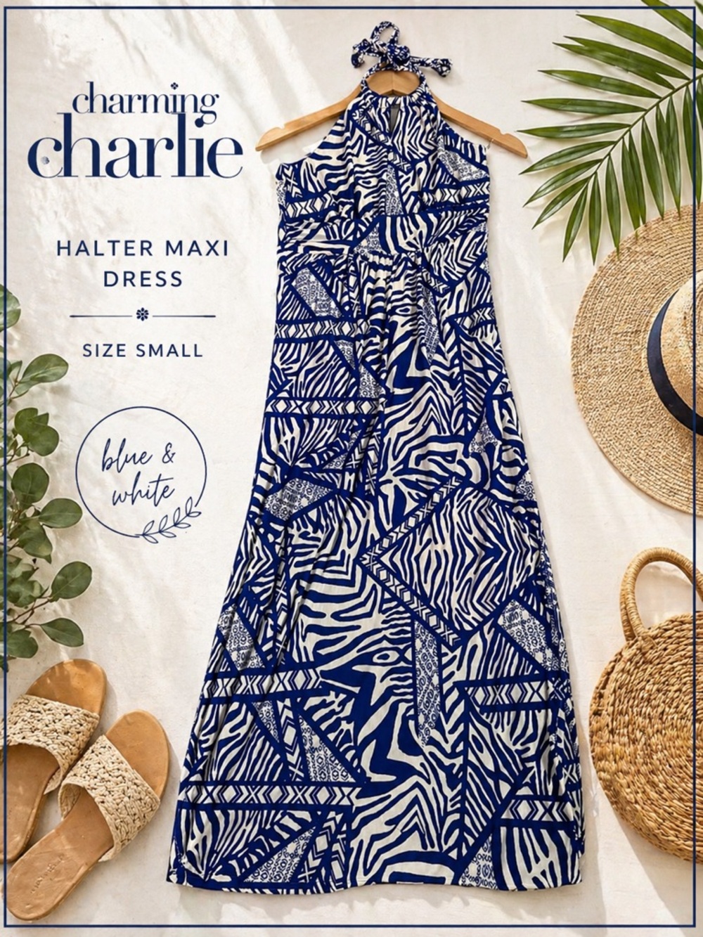 Charming Charlie Blue White Halter Maxi Dress Small Boho Beach Vacation